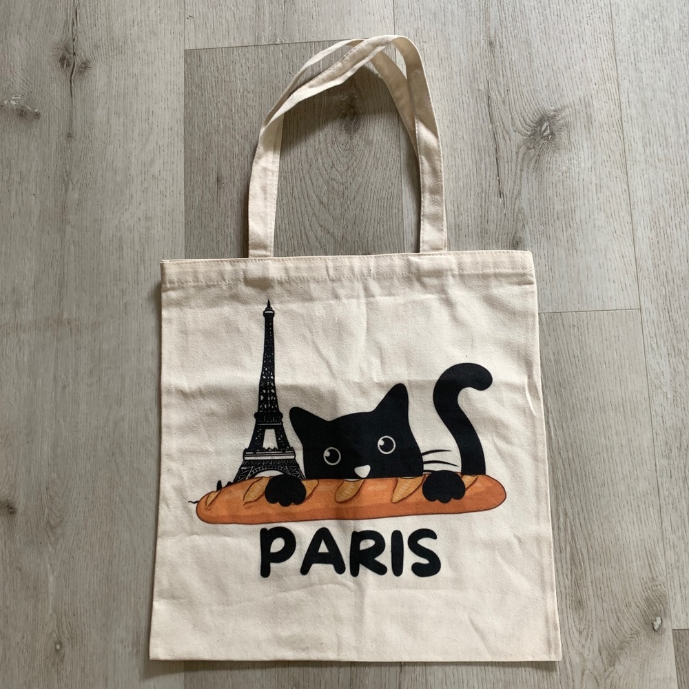 Paris Black Cat Baguette Eiffel Tower Canvas Tote Bag Cream Reusable Shopper